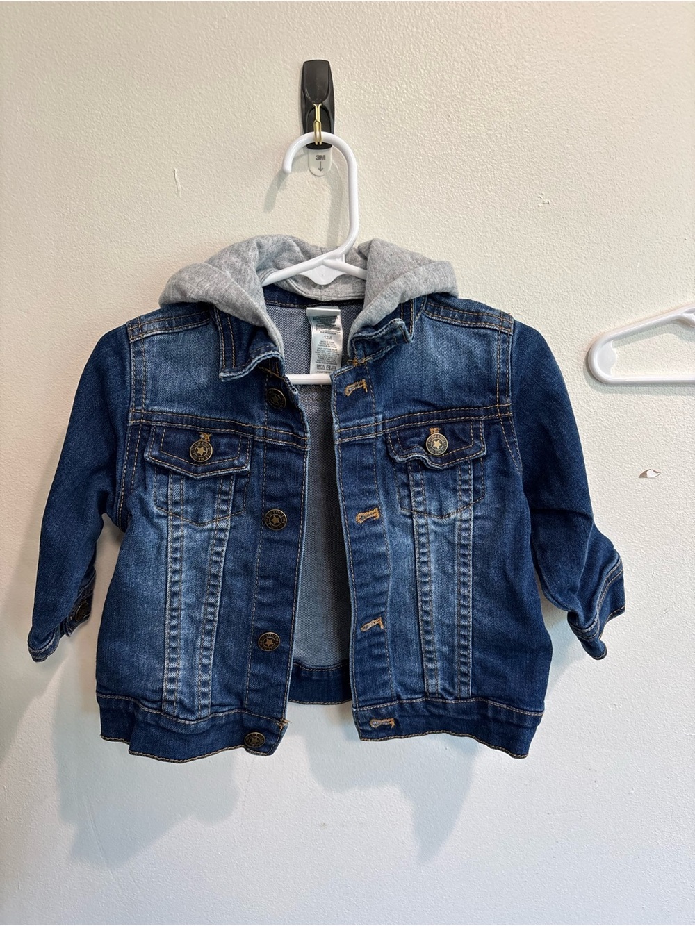 Little Me Blue Jean Denim Jacket with Gray Hood baby boy 12 month